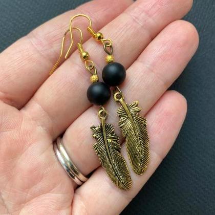 Gold Feather Earrings With Black Beads, Selma..