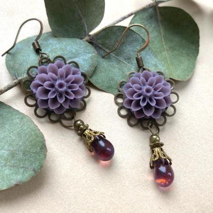 Lilac Dahlia Earrings With Glass Beads, Selma..