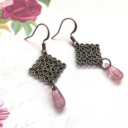 Vintage Inspired Brass Earrings With Lilac..