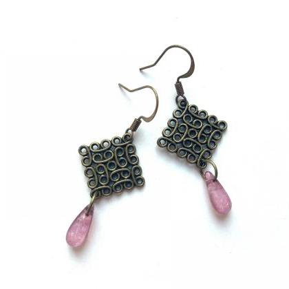 Vintage Inspired Brass Earrings With Lilac..