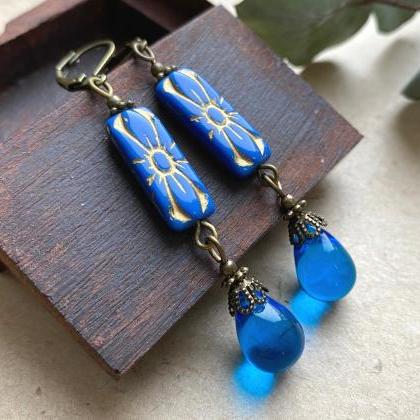 Moroccan Style Blue And Gold Glass Earrings, Selma..