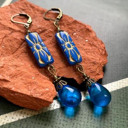 Moroccan Style Blue And Gold Glass Earrings, Selma..