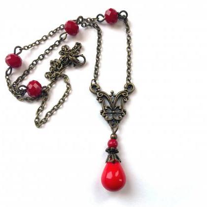 Art Nouveau Necklace With A Red Teardrop Glass..