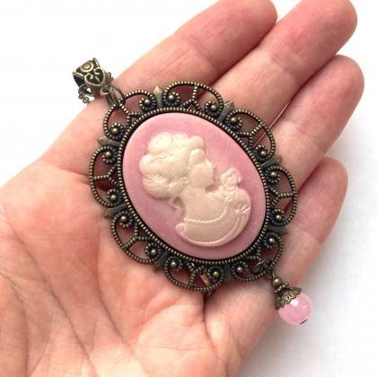 Cameo Necklace With A Large Pink Pendant, Selma..