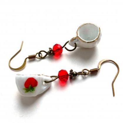 Porcelain Teacup Earrings With Red Glass Beads,..