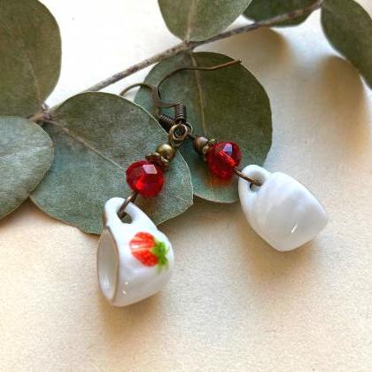 Porcelain Teacup Earrings With Red Glass Beads,..