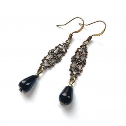 Art Nouveau Earrings With Black Glass Beads, Selma..