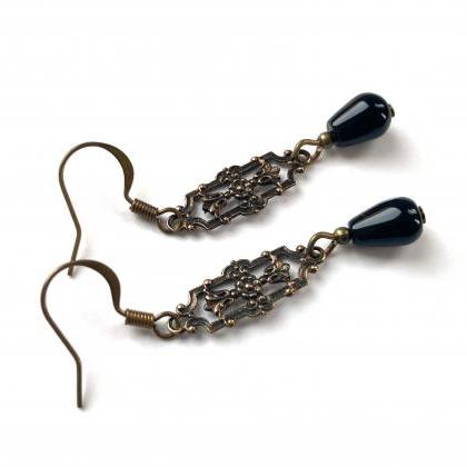 Art Nouveau Earrings With Black Glass Beads, Selma..