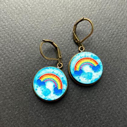 Fun Brass Earrings With Wooden Rainbow Pendants,..