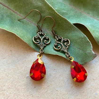 Art Nouveau Earrings With Red Glass Pendants,..