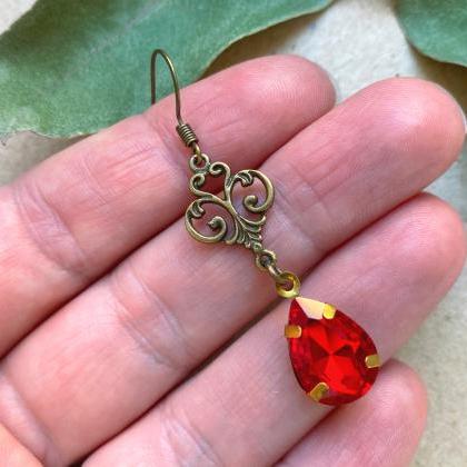 Art Nouveau Earrings With Red Glass Pendants,..