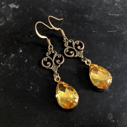 Art Nouveau Earrings With Yellow Glass Pendants,..