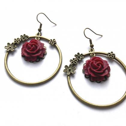 Floral Hoop Earrings With Rose Pendants, Selma..