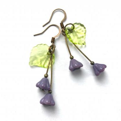 Lilac Glass Flower Earrings With Leaves, Selma..