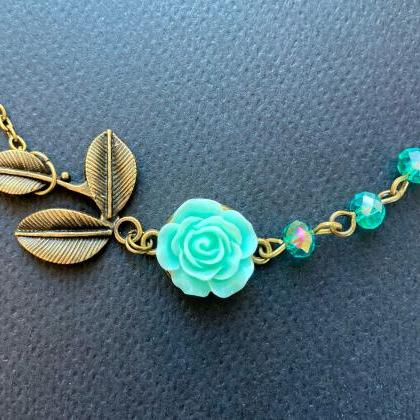 Beautiful Leaf Necklace With A Teal Rose Pendant,..
