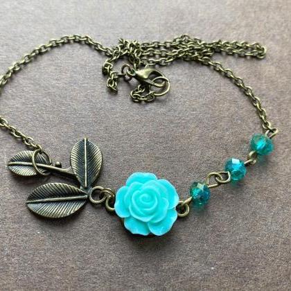 Beautiful Leaf Necklace With A Teal Rose Pendant,..