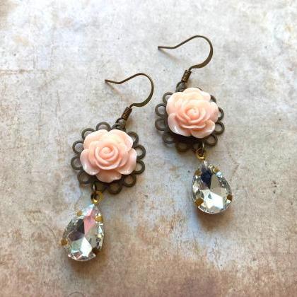 Romantic Peach Rose Earrings With Teardrop Glass..
