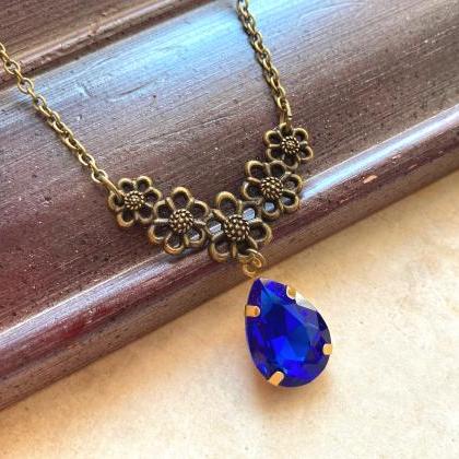 Floral Necklace With A Blue Glass Pendant, Selma..