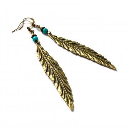 Elegant Leaf Earrings With Turquoise Gemstone..