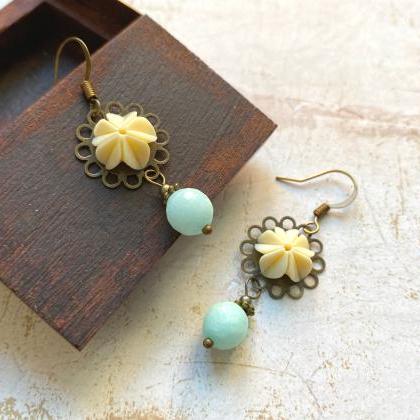Flower Earrings With Jade Pearls