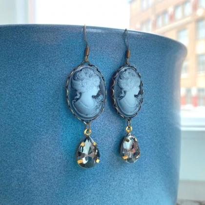 Gray Cameo Earrings With Glass Pendants, Selma..