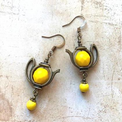 Fun Teapot Earrings With Yellow Glass Beads, Selma..