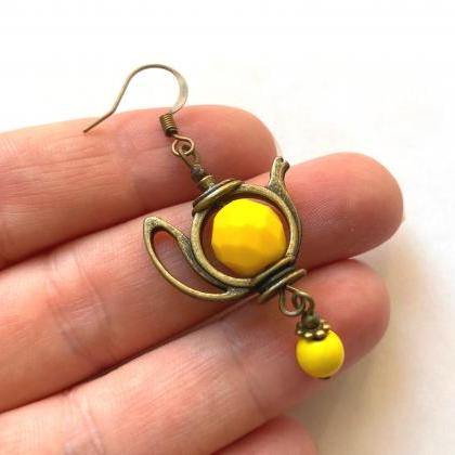 Fun Teapot Earrings With Yellow Glass Beads, Selma..