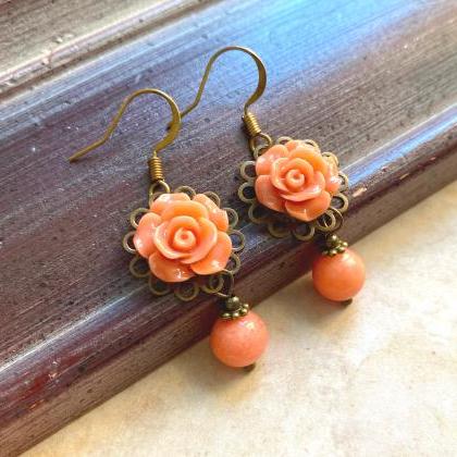 Gorgeous Rose Earrings With Pink Coral Gemstone..