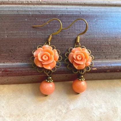 Gorgeous Rose Earrings With Pink Coral Gemstone..