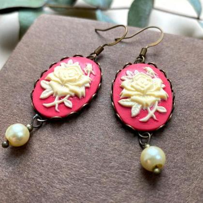 Traditional Rose Cameo Earrings With Glass Pearls,..