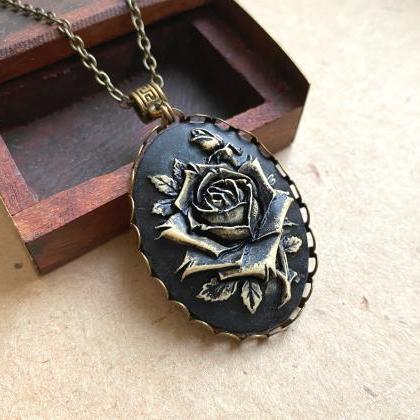 Gothic Black And Gold Rose Cameo Necklace, Selma..