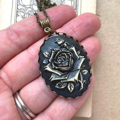 Gothic Black And Gold Rose Cameo Necklace, Selma..