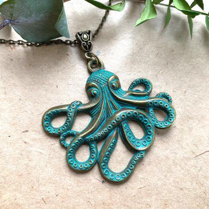 Patina Verdigris Kraken Octopus Necklace, Selma..