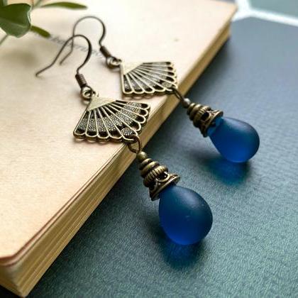 Art Nouveau Earrings With Midnight Blue Teardrop..