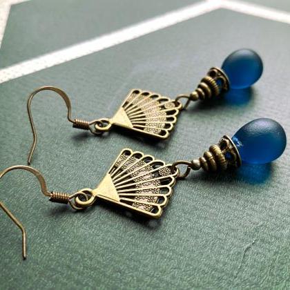 Art Nouveau Earrings With Midnight Blue Teardrop..