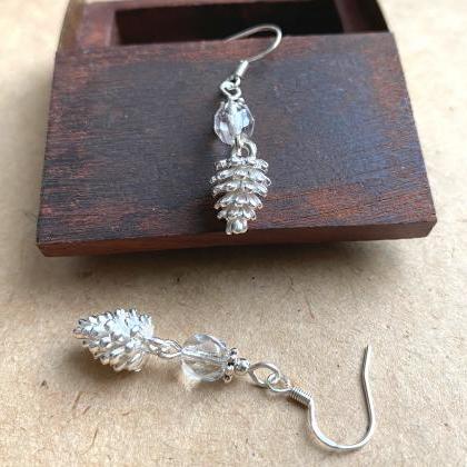 Silver Pine Cone Earrings With Clear Glass Beads..