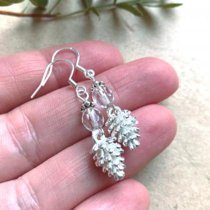 Silver Pine Cone Earrings With Clear Glass Beads..