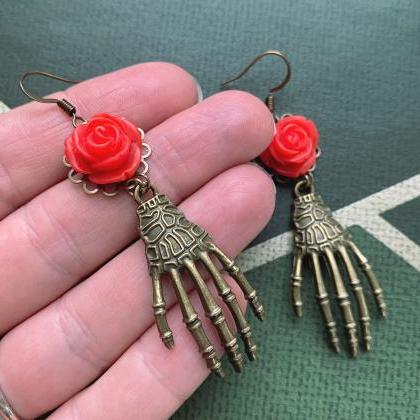 Skeleton Hand Earrings With Red Rose Pendants,..