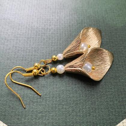 Gold Calla Lily Earrings With Glass Pearls, Selma..