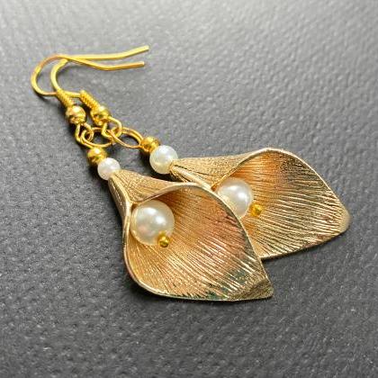 Gold Calla Lily Earrings With Glass Pearls, Selma..