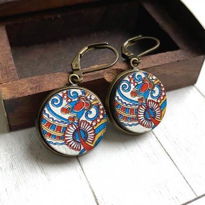 Scandinavian Earrings With Colourful Embossed Wood..