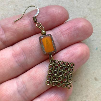 Art Deco Earrings With Orange Glass Beads, Vintage..