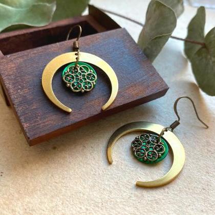 Crecent Moon Earrings With Emerald Green Filigree,..