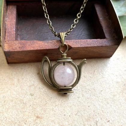 Teapot Necklace With A Rose Quartz Crystal Pearl,..