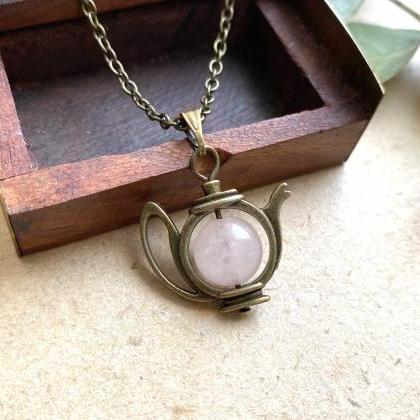 Teapot Necklace With A Rose Quartz Crystal Pearl,..