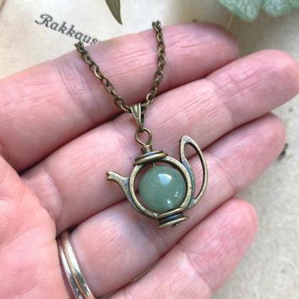 Teapot Necklace With A Green Aventurine Crystal..