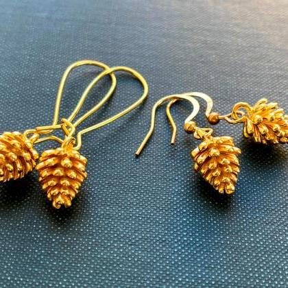 18k Gold Plated Pine Cone Earrings, Nature..