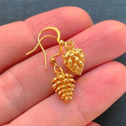 18k Gold Plated Pine Cone Earrings, Nature..