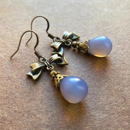 Cute Bow Earrings With Lilac Glass Pendants,..