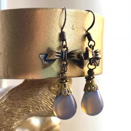 Cute Bow Earrings With Lilac Glass Pendants,..